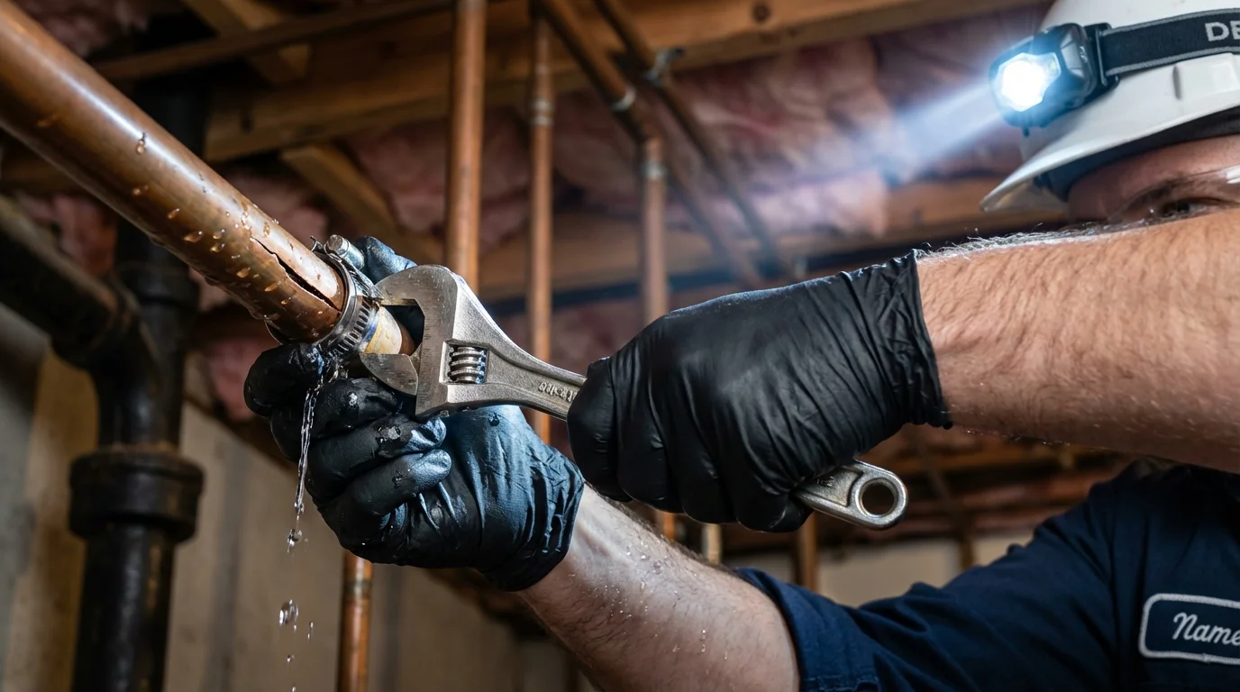 Emergency pipe clamp repair being performed by a Johns Plumbing LLC plumber in French Camp