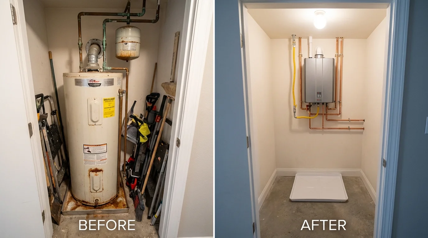 Tank water heater versus wall-mounted tankless unit comparison for French Camp, CA homeowners