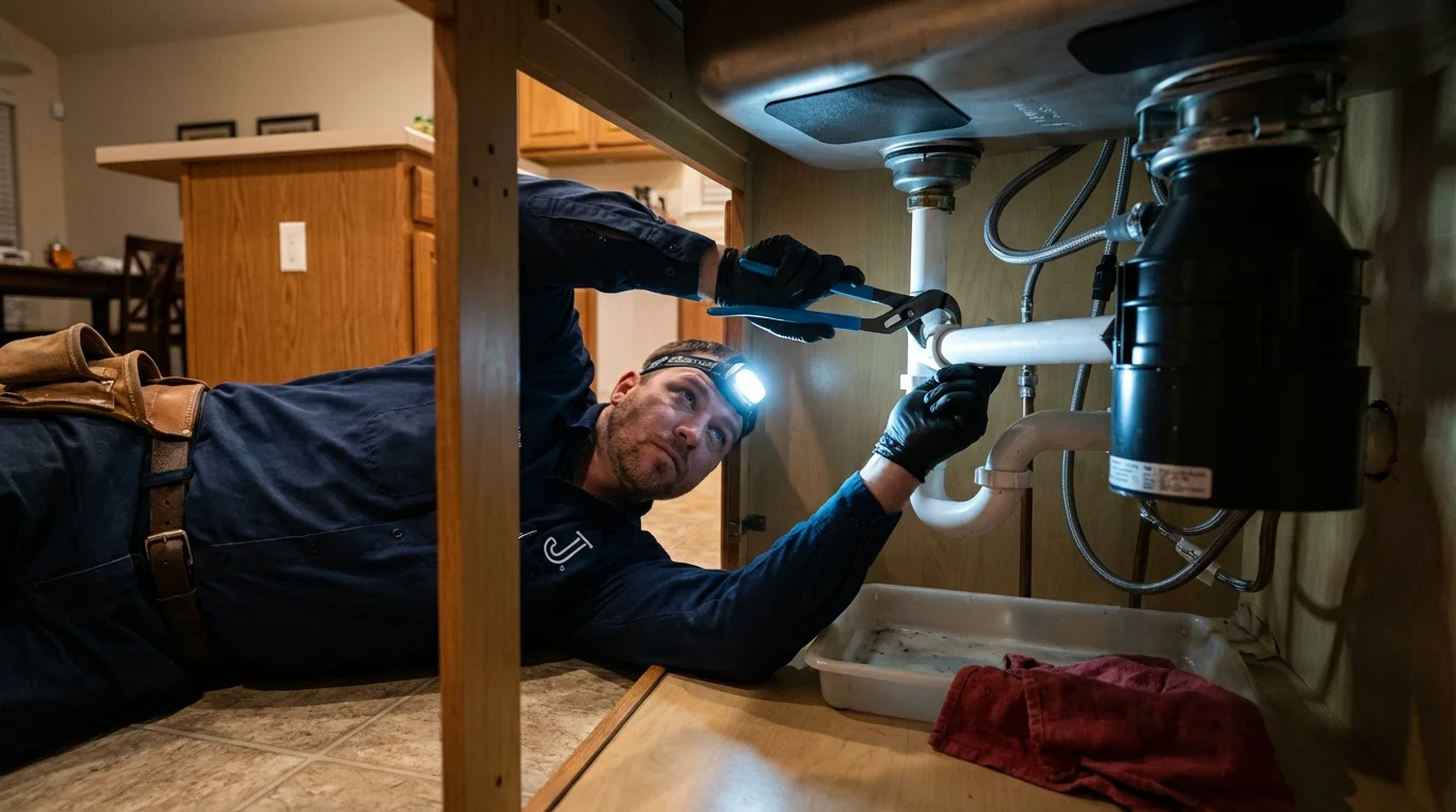 P-trap and supply line connections under a kitchen sink showing a common leak point in French Camp, CA